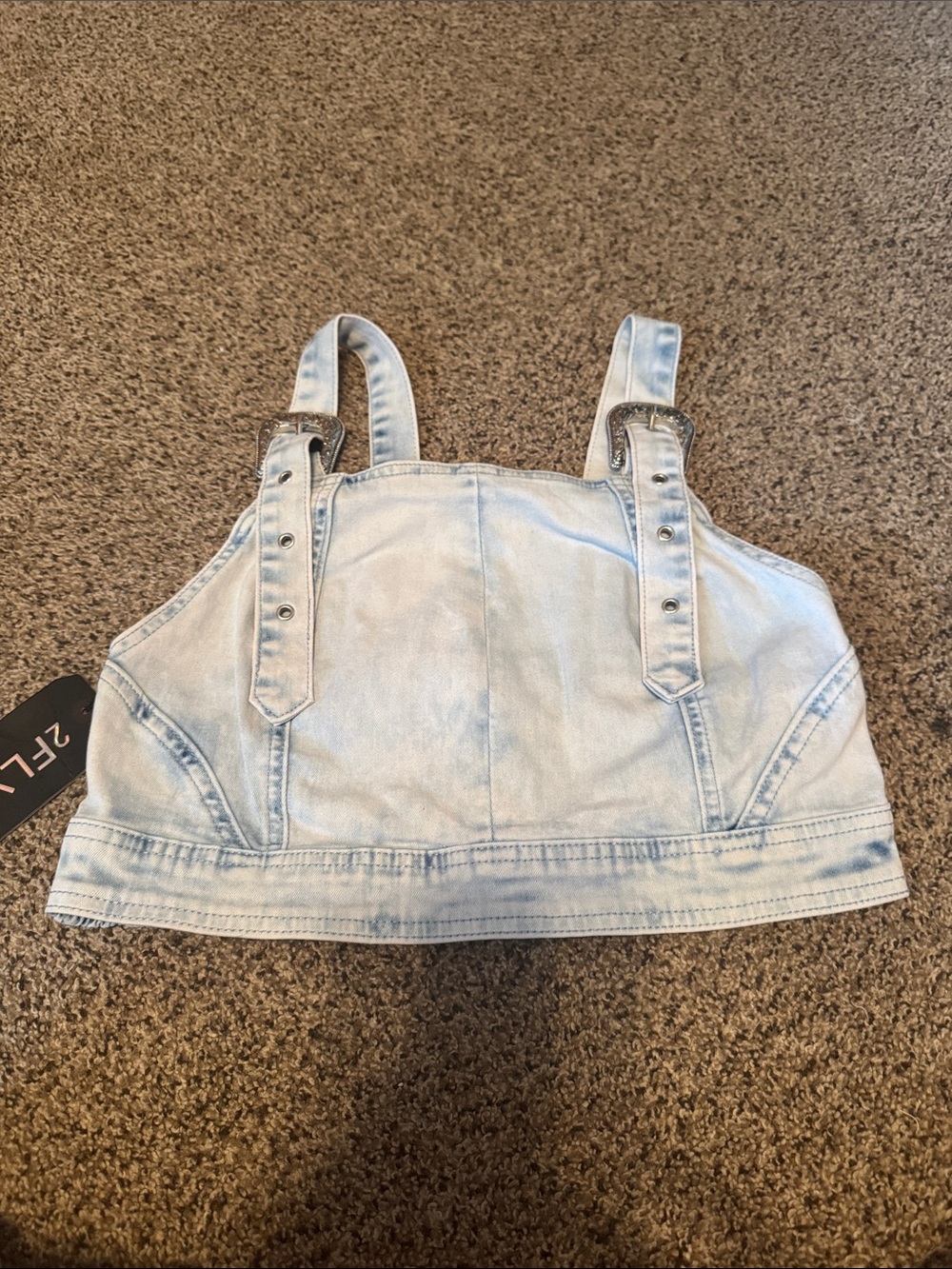 Light Wash Denim Crop Tank Top with Buckle Straps
